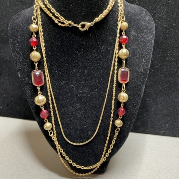 Multi Chain Stationary Beads and Red Gems all in a Gold Electroplate - Picture 2 of 4